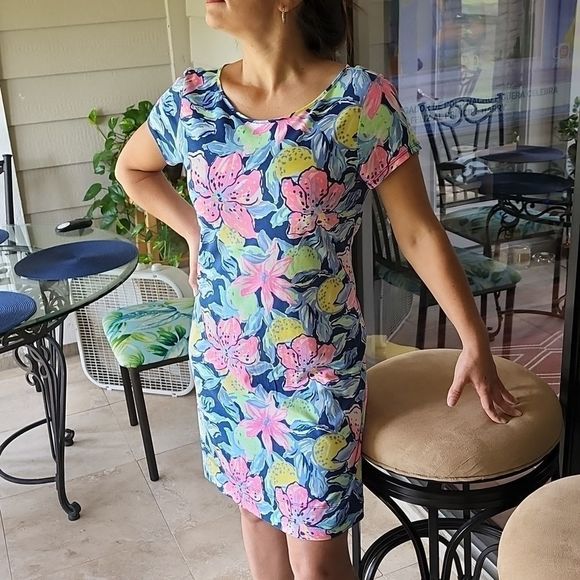 VEUC Sz M LP S/S Navy Pink Yellow Green Dress - Picture 7 of 11